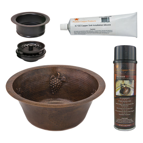 Premier Copper Products 16" Round Copper Prep Bar Sink w/ Grapes and 3.5" Drain Opening, Matching Drain and Accessories, Oil Rubbed Bronze, BSP5_BR16GDB3-G