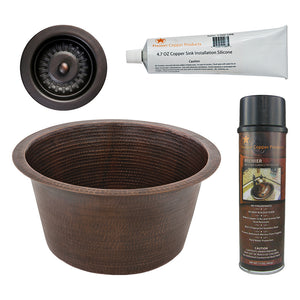 Alternate Image for Premier Copper Products 17" Large Round Hammered Copper Bar/Prep Sink, Matching Drain and Accessories, Oil Rubbed Bronze, BSP5_BR17DB-D