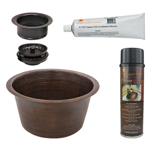 Alternate Image for Premier Copper Products 17" Large Round Hammered Copper Bar/Prep Sink, Matching Drain and Accessories, Oil Rubbed Bronze, BSP5_BR17DB-G