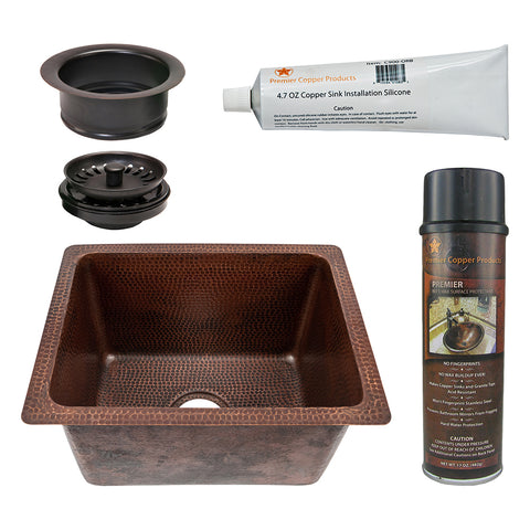 Premier Copper Products 17" Rectangle Hammered Copper Bar/Prep/Laundry/Utility Sink w/ 3.5" Drain Opening, Matching Drain and Accessories, Oil Rubbed Bronze, BSP5_BREC1713DB-G