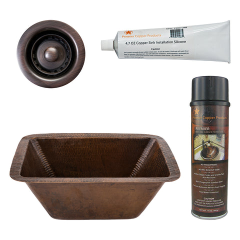 Premier Copper Products 17" Rectangle Copper Bar Sink w/ 2" Drain Opening, Matching Drain and Accessories, Oil Rubbed Bronze, BSP5_BRECDB2-B