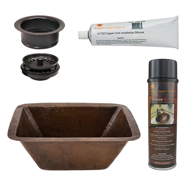 Premier Copper Products 17" Rectangle Copper Prep Bar Sink w/ 3.5" Drain Opening, Matching Drain and Accessories, Oil Rubbed Bronze, BSP5_BRECDB3-G