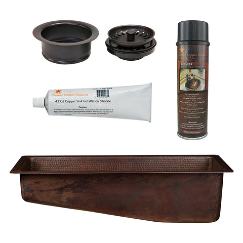 Premier Copper Products 28" Rectangle Hammered Copper Slanted Bar/Prep Sink with 3.5" Drain Opening, Matching Drain and Accessories, Oil Rubbed Bronze, BSP5_BRECSL28DB3-G