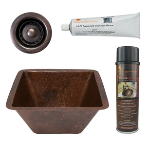 Alternate Image for Premier Copper Products 15" Square Hammered Copper Bar/Prep Sink w/ 2" Drain Opening, Matching Drain and Accessories, Oil Rubbed Bronze, BSP5_BS15DB2-B