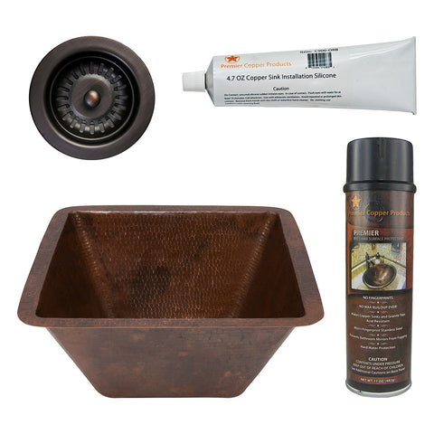 Premier Copper Products 15" Square Hammered Copper Bar/Prep Sink w/ 3.5" Drain Opening, Matching Drain and Accessories, Oil Rubbed Bronze, BSP5_BS15DB3-D