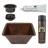 Premier Copper Products 15" Square Hammered Copper Bar/Prep Sink w/ 3.5" Drain Opening, Matching Drain and Accessories, Oil Rubbed Bronze, BSP5_BS15DB3-G