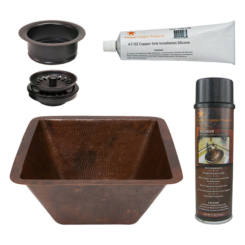 Premier Copper Products 15" Square Hammered Copper Bar/Prep Sink w/ 3.5" Drain Opening, Matching Drain and Accessories, Oil Rubbed Bronze, BSP5_BS15DB3-G