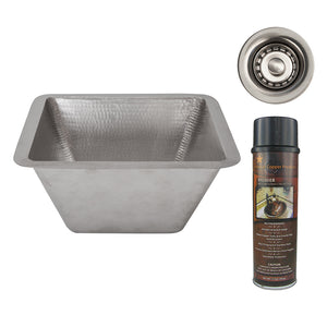 Alternate Image for Premier Copper Products 15" Square Hammered Copper Bar/Prep Sink in Nickel w/ 2" Drain Opening, Matching Drain and Accessories, BSP5_BS15EN2-B