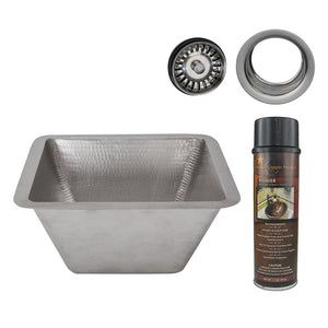 Alternate Image for Premier Copper Products 15" Square Hammered Copper Bar/Prep Sink in Nickel w/ 3.5" Drain Opening, Matching Drain and Accessories, BSP5_BS15EN3-G