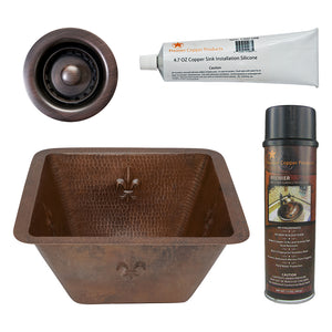 Alternate Image for Premier Copper Products 15" Square Fleur De Lis Copper Bar/Prep Sink w/ 2" Drain Opening, Matching Drain and Accessories, Oil Rubbed Bronze, BSP5_BS15FDB2-B
