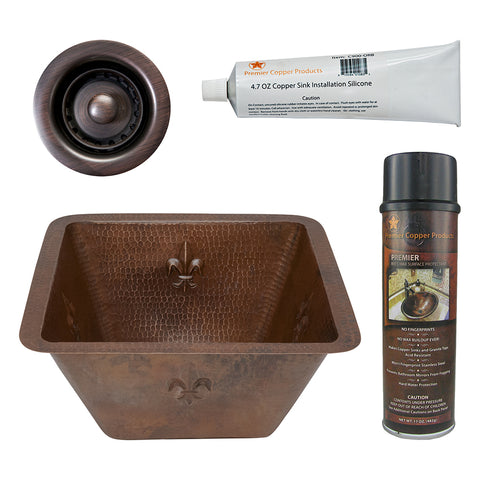 Premier Copper Products 15" Square Fleur De Lis Copper Bar/Prep Sink w/ 2" Drain Opening, Matching Drain and Accessories, Oil Rubbed Bronze, BSP5_BS15FDB2-B