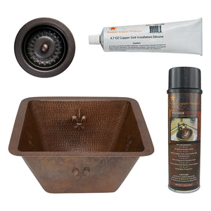 Alternate Image for Premier Copper Products 15" Square Fleur De Lis Copper Bar/Prep Sink w/ 3.5" Drain Opening, Matching Drain and Accessories, Oil Rubbed Bronze, BSP5_BS15FDB3-D