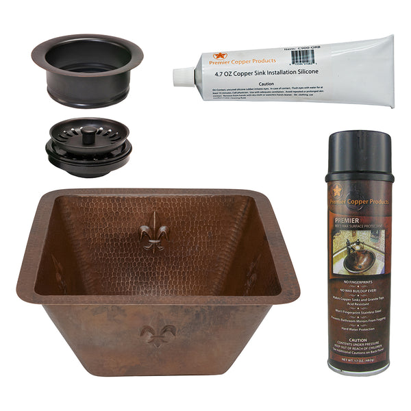 Premier Copper Products 15" Square Fleur De Lis Copper Bar/Prep Sink w/ 3.5" Drain Opening, Matching Drain and Accessories, Oil Rubbed Bronze, BSP5_BS15FDB3-G