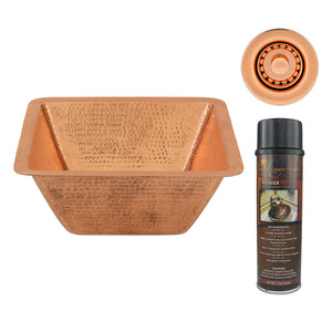 Alternate Image for Premier Copper Products 15" Square Hammered Copper Bar/Prep Sink w/ 2" Drain Opening in Polished Copper, Matching Drain and Accessories, BSP5_BS15PC2-B