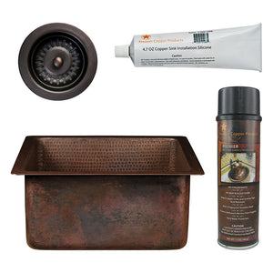 Alternate Image for Premier Copper Products 16" Square Hammered Copper Bar/Prep Sink w/ 3.5" Drain Opening, Matching Drain and Accessories, Oil Rubbed Bronze, BSP5_BS16DB3-D