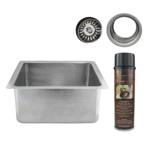 Alternate Image for Premier Copper Products 16" Square Hammered Copper Bar/Prep Sink in Nickel w/ 3.5" Drain Opening, Matching Drain and Accessories, BSP5_BS16EN3-G