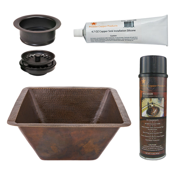 Premier Copper Products 17" Large Square Hammered Copper Bar/Prep Sink, Matching Drain and Accessories, Oil Rubbed Bronze, BSP5_BS17DB-G