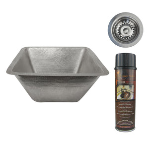 Alternate Image for Premier Copper Products 17" Large Square Hammered Copper Bar/Prep Sink in Nickel, Matching Drain and Accessories, BSP5_BS17EN-D