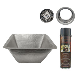 Alternate Image for Premier Copper Products 17" Large Square Hammered Copper Bar/Prep Sink in Nickel, Matching Drain and Accessories, BSP5_BS17EN-G