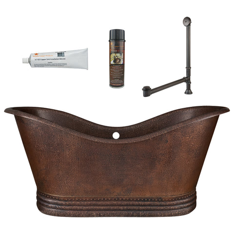 Premier Copper Products 67" Hammered Copper Double Slipper Bathtub with Overflow Holes and Drain Package, Oil Rubbed Bronze, BSP5_BTD67DBOF