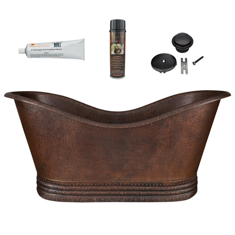 Premier Copper Products 67" Hammered Copper Double Slipper Bathtub and Drain Package, Oil Rubbed Bronze, BSP5_BTD67DB