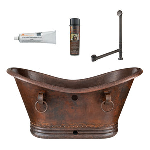 Alternate Image for Premier Copper Products 60" Hammered Copper Double Slipper Bathtub with Rings and Overflow Holes and Drain Package, Oil Rubbed Bronze, BSP5_BTDR60DBOF