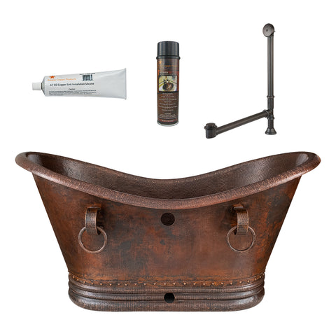 Premier Copper Products 60" Hammered Copper Double Slipper Bathtub with Rings and Overflow Holes and Drain Package, Oil Rubbed Bronze, BSP5_BTDR60DBOF