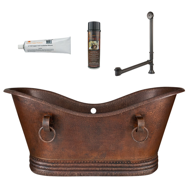 Premier Copper Products 67" Hammered Copper Double Slipper Bathtub with Rings and Overflow Holes and Drain Package, Oil Rubbed Bronze, BSP5_BTDR67DBOF