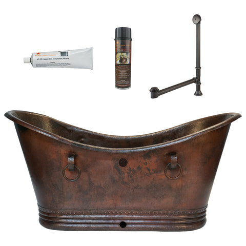 Premier Copper Products 72" Hammered Copper Double Slipper Bathtub with Rings and Overflow Holes and Drain Package, Oil Rubbed Bronze, BSP5_BTDR72DBOF