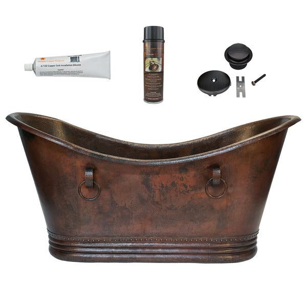 Premier Copper Products 72" Hammered Copper Double Slipper Bathtub With Rings and Drain Package, Oil Rubbed Bronze, BSP5_BTDR72DB