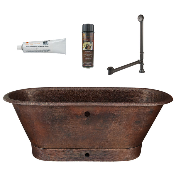 Premier Copper Products 72" Hammered Copper Modern Style Bathtub with Overflow Holes and Drain Package, Oil Rubbed Bronze, BSP5_BTM72DBOF