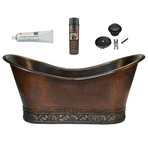 Alternate Image for Premier Copper Products 67" Hammered Copper Double Slipper Bathtub with Scroll Base and Nickel Inlay and Drain Package, Oil Rubbed Bronze, BSP5_BTN67DB