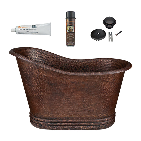 Premier Copper Products 52" Small Hammered Copper Single Slipper Bathtub and Drain Package, Oil Rubbed Bronze, BSP5_BTS52DB