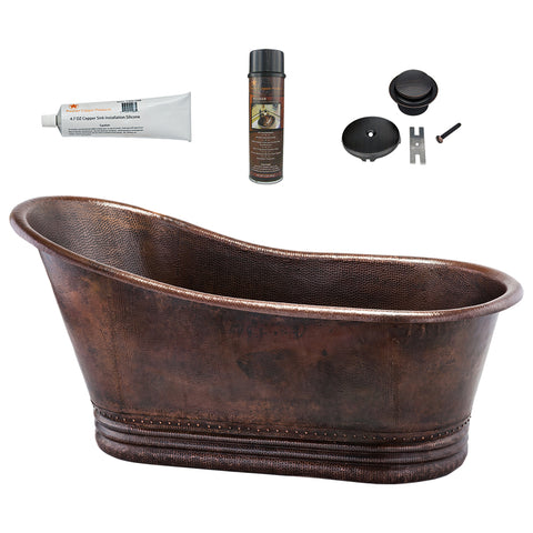 Premier Copper Products 67" Hammered Copper Single Slipper Bathtub and Drain Package, Oil Rubbed Bronze, BSP5_BTS67DB