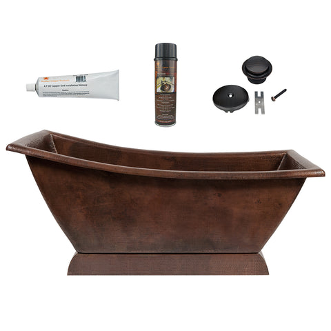 Premier Copper Products 67" Hammered Copper Canoa Single Slipper Bathtub and Drain Package, Oil Rubbed Bronze, BSP5_BTSC67DB