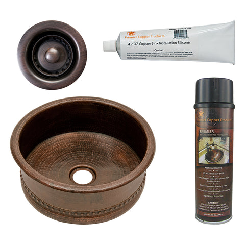 Premier Copper Products 15" Round Bar Vessel Tub Sink w/ 2" Drain Opening, Matching Drain and Accessories, Oil Rubbed Bronze, BSP5_BV15DB2-B