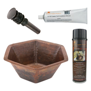 Alternate Image for Premier Copper Products 15.5" Hexagon Under Counter Hammered Copper Bathroom Sink, Matching Drain and Accessories, Oil Rubbed Bronze, BSP5_LH15.5DB-P