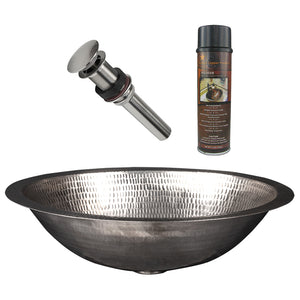 Alternate Image for Premier Copper Products 17" Oval Under Counter Hammered Copper Bathroom Sink in Nickel, Matching Drain and Accessories, BSP5_LO17FEN-P