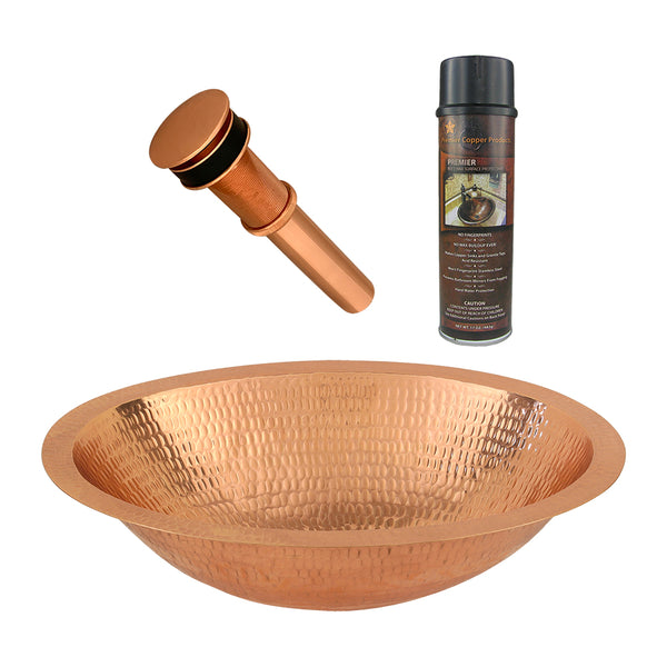 Premier Copper Products 17" Oval Under Counter Hammered Copper Bathroom Sink in Polished Copper, Matching Drain and Accessories, BSP5_LO17FPC-P