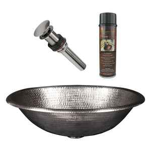 Alternate Image for Premier Copper Products 17" Oval Self Rimming Hammered Copper Bathroom Sink in Nickel, Matching Drain and Accessories, BSP5_LO17REN-P