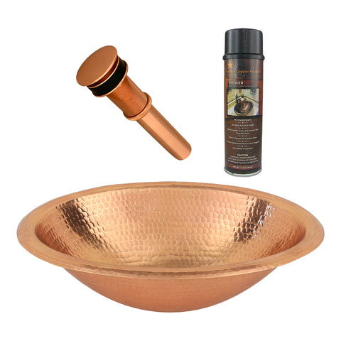 Premier Copper Products 17" Oval Self Rimming Hammered Copper Bathroom Sink in Polished Copper, Matching Drain and Accessories, BSP5_LO17RPC-P