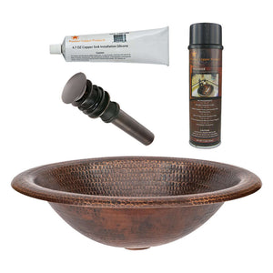 Alternate Image for Premier Copper Products 18" Wide Rim Oval Self Rimming Hammered Copper Bathroom Sink, Matching Drain and Accessories, Oil Rubbed Bronze, BSP5_LO18RDB-P