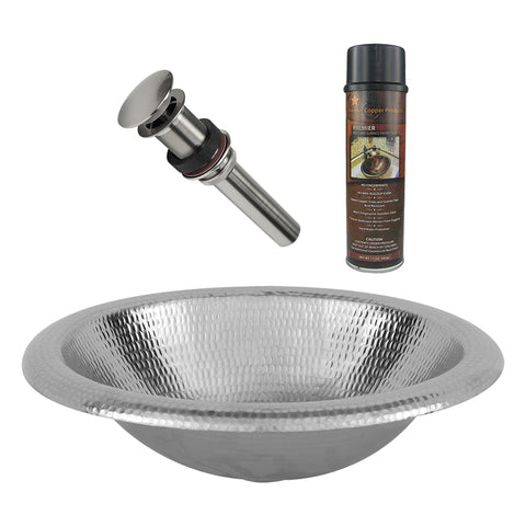 Premier Copper Products 18" Wide Rim Oval Self Rimming Hammered Copper Bathroom Sink in Nickel, Matching Drain and Accessories, Nickel Plated Copper, BSP5_LO18REN-P