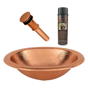 Alternate Image for Premier Copper Products 18" Wide Rim Oval Self Rimming Hammered Copper Bathroom Sink in Polished Copper, Matching Drain and Accessories, BSP5_LO18RPC-P
