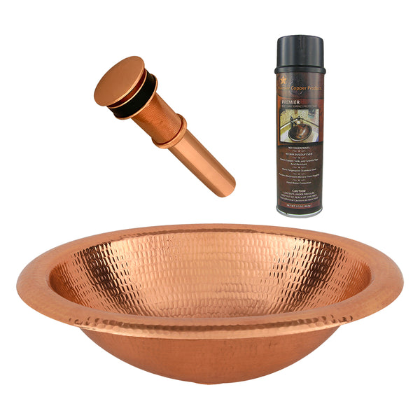 Premier Copper Products 18" Wide Rim Oval Self Rimming Hammered Copper Bathroom Sink in Polished Copper, Matching Drain and Accessories, BSP5_LO18RPC-P