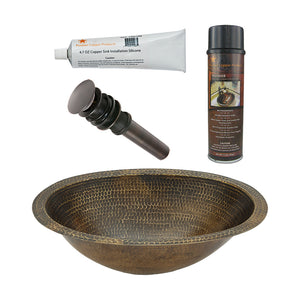 Alternate Image for Premier Copper Products 19" Oval Under Counter Hammered Copper Bathroom Sink in Antique Brass, Matching Drain and Accessories, Oil Rubbed Bronze, BSP5_LO19FAB-P
