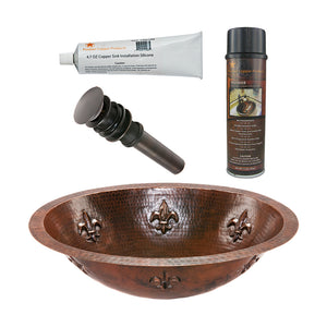 Alternate Image for Premier Copper Products 19" Oval Fleur De Lis Under Counter Hammered Copper Bathroom Sink, Matching Drain and Accessories, Oil Rubbed Bronze, BSP5_LO19FFLDB-P