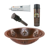 Premier Copper Products 19" Oval Fleur De Lis Under Counter Hammered Copper Bathroom Sink, Matching Drain and Accessories, Oil Rubbed Bronze, BSP5_LO19FFLDB-P