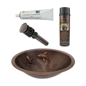 Alternate Image for Premier Copper Products 19" Oval Under Counter Hammered Copper Bathroom Sink with Koi Fish Design, Matching Drain and Accessories, Oil Rubbed Bronze, BSP5_LO19FKOIDB-P