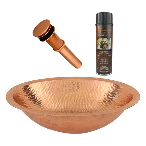 Premier Copper Products 19" Oval Under Counter Hammered Copper Bathroom Sink in Polished Copper, Matching Drain and Accessories, BSP5_LO19FPC-P